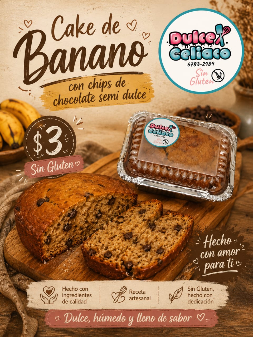 Cake de banano sin gluten con chips de chocolate