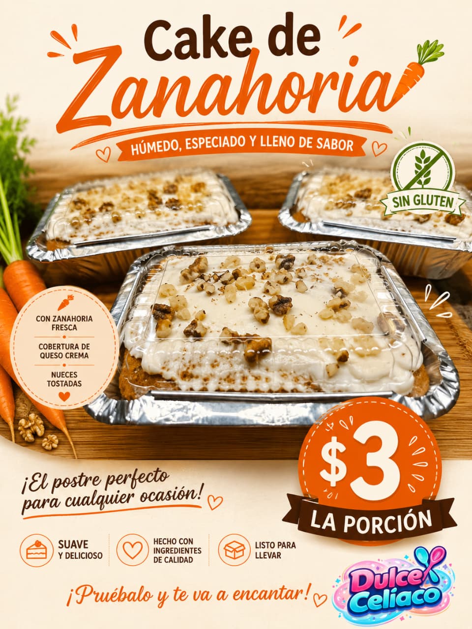 Cake de zanahoria sin gluten con cobertura de queso crema